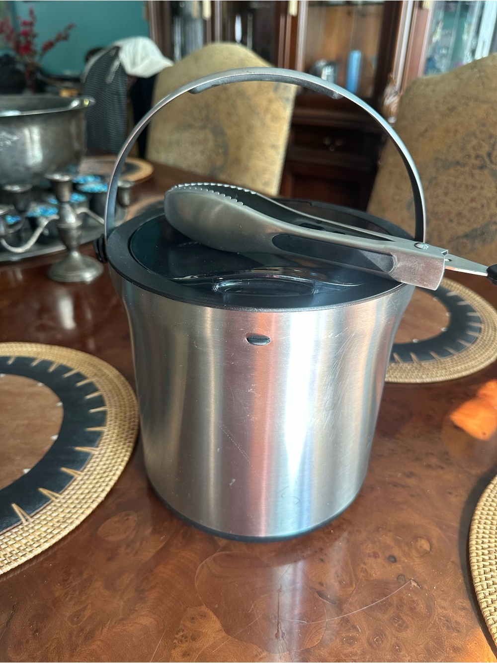Oxo Stainless Steel Ice Bucket with Black Lid and Handle and Tongs